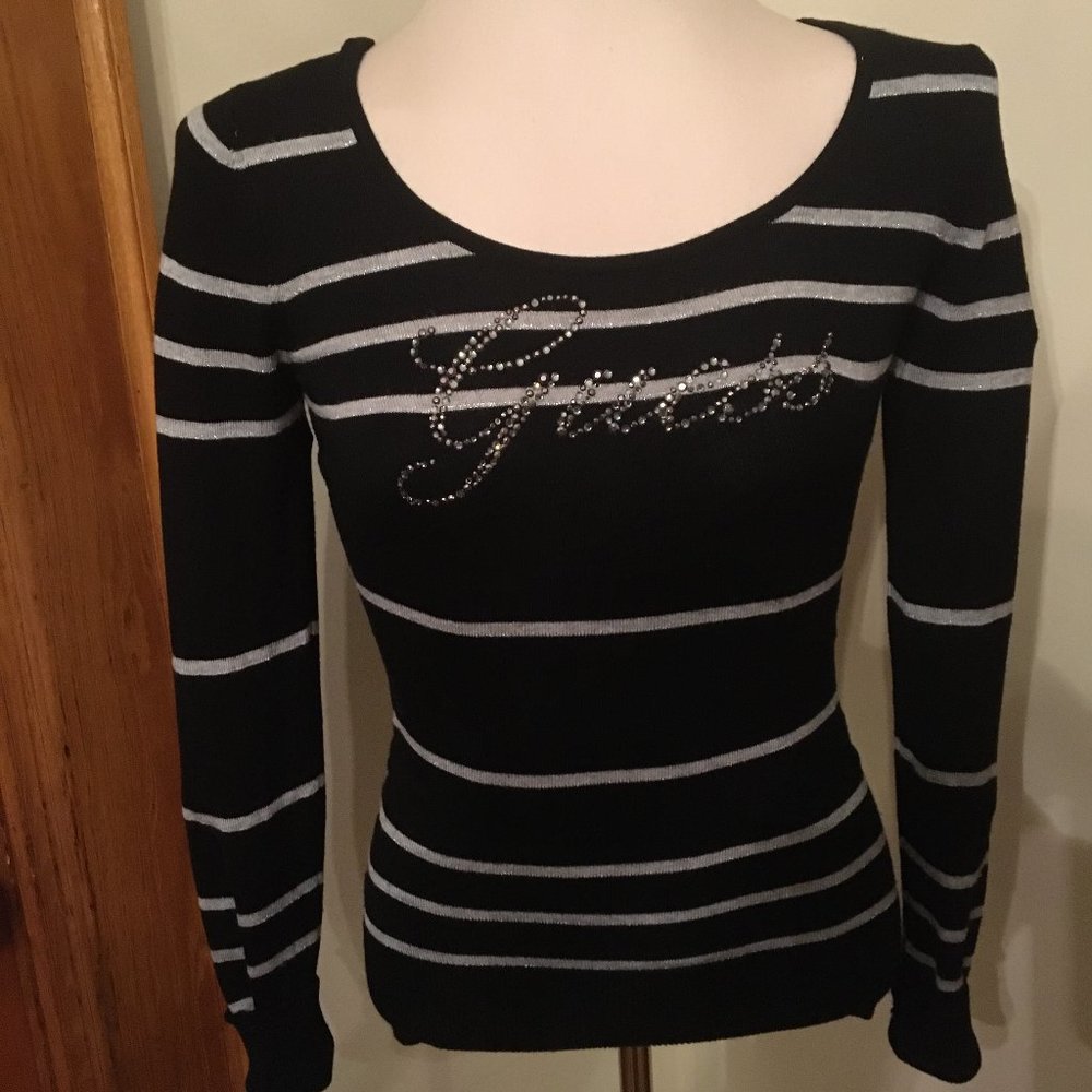 GUESS Lightweight, Stretch, Long-sleeved Sweater with Rhinestone Logo